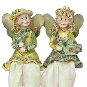 Lot of 2 Vtg Designspirations Gardening Fairy Shelf Sitters Medium Green Resin